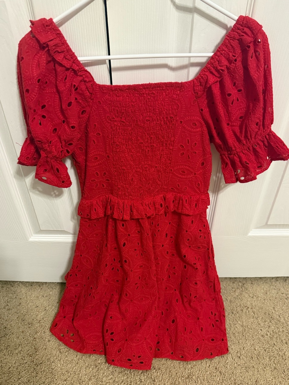 Red Eyelet Ruffle Mini Dress - Picture 2 of 3